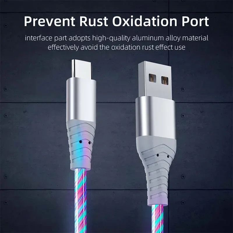 Luminous USB Type-C Fast Charging Cable with 5A Current for Samsung, Xiaomi, iPhone, and Micro Devices